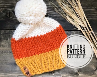 4 size bundle / candy corn hat knitting pattern/ toque knitting pattern / hat knitting pattern bundle/mom and me hat pattern / easy knitting