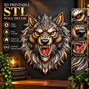 May include: A 3D printable STL wall decor file featuring a snarling wolf head with detailed fur, glowing orange eyes, and sharp teeth. The image includes text labels for eye, nose, teeth, and fur details, alongside icons for high detail and printability.