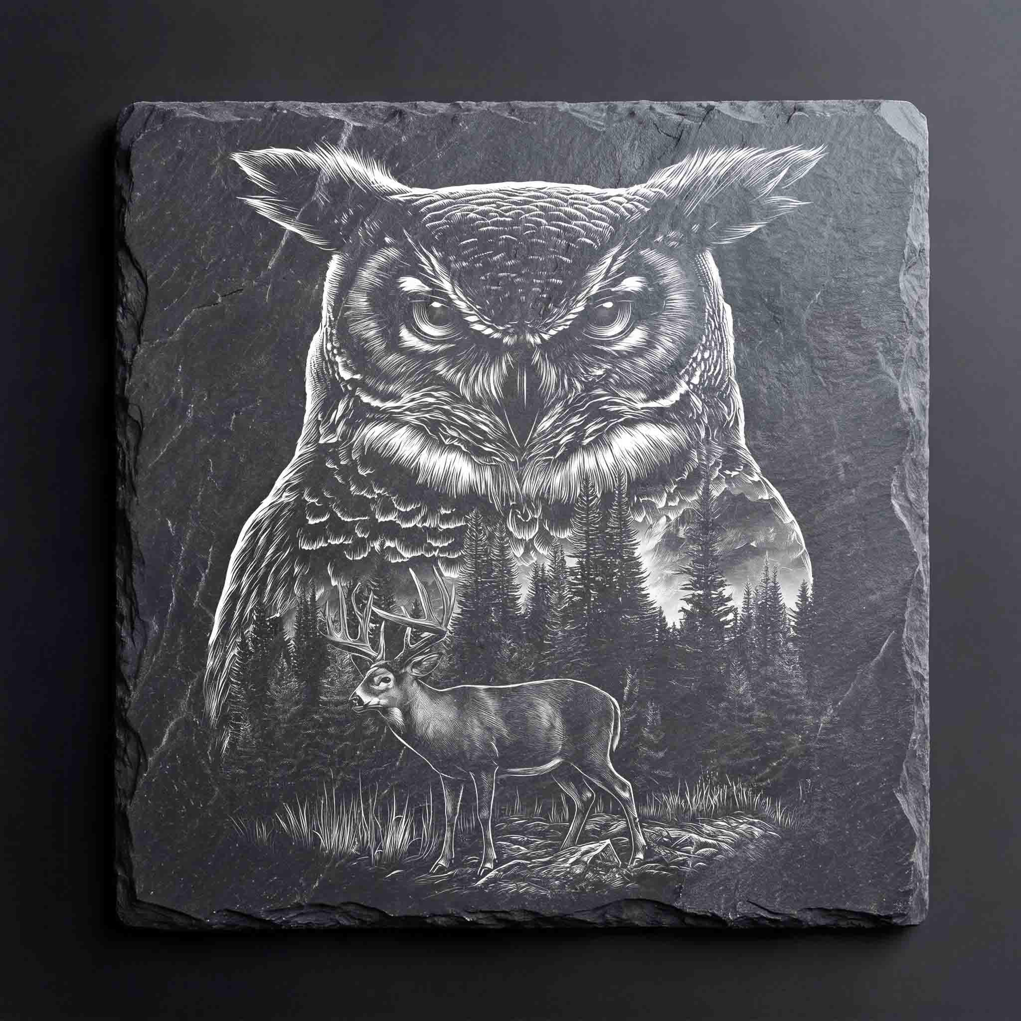 Owl Deer Double Exposure PNG, Forest Wildlife Laser Engraving Design, Slate Coaster File, Rustic Nat
