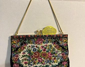 Petit Point Handbag Vintage Floral Embroidered Frame Evening Bag NOS With Tag