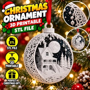 クリスマスビレッジオーナメントSTL、3Dプリント可能な冬の家オーナメント、雪の降るクリスマスツリーの飾り、デジタルダウンロード