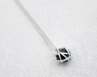 Geometric silver ball necklace in oxidized sterling silver, 3D printed jewelry, round silver pendant on fine chain