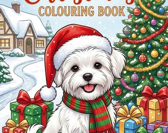 Op de afbeelding: Een kleurboek getiteld My Dog's Christmas Colouring Book met een witte puppy met een rode kerstmuts en een rood-groen gestreepte sjaal, zittend in de sneeuw omringd door kerstcadeaus en een versierde kerstboom.