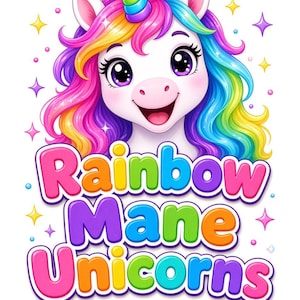 Op de afbeelding: Een kleurboekcover met een cartoon eenhoorn met een veelkleurige regenboogmanen en een gestreepte hoorn. De tekst luidt Rainbow Mane Unicorns Kids Colouring Book. De achtergrond is wit met verspreide kleurrijke sterren en glitters.