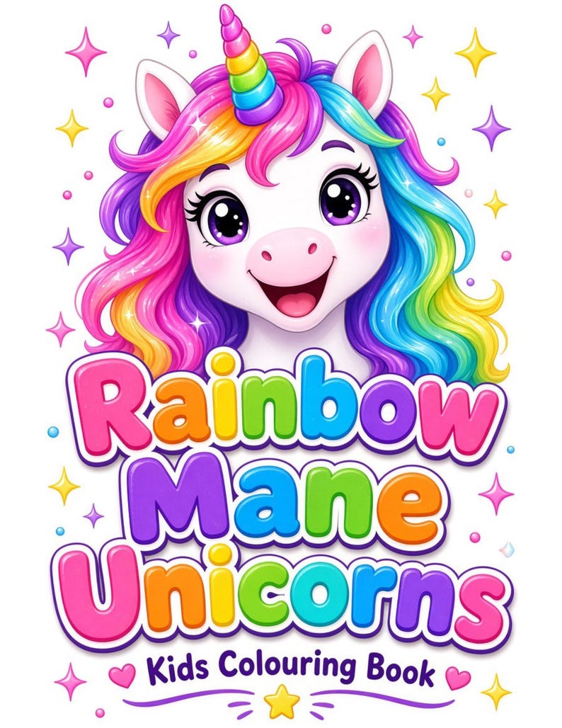Op de afbeelding: Een kleurboekcover met een cartoon eenhoorn met een veelkleurige regenboogmanen en een gestreepte hoorn. De tekst luidt Rainbow Mane Unicorns Kids Colouring Book. De achtergrond is wit met verspreide kleurrijke sterren en glitters.