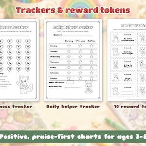May include: Three printable activity sheets featuring a Kindness Tracker with heart icons, a Daily Helper Tracker with star icons for each day of the week, and a sheet of ten Reward Tokens with animal illustrations and blank spaces.