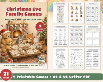 9 familiespelletjes voor kerstavond met kinderen, printbare plaatjesbingo, Santa Says, Charades, Roll a Snowman, kerstquiz, A4- en US Letter-pdf