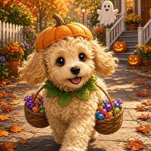 May include: A fluffy cream-coloured puppy wearing a pumpkin hat and a green leaf collar, carrying two small woven baskets filled with colourful wrapped sweets while walking on a stone path covered in fallen autumn leaves.