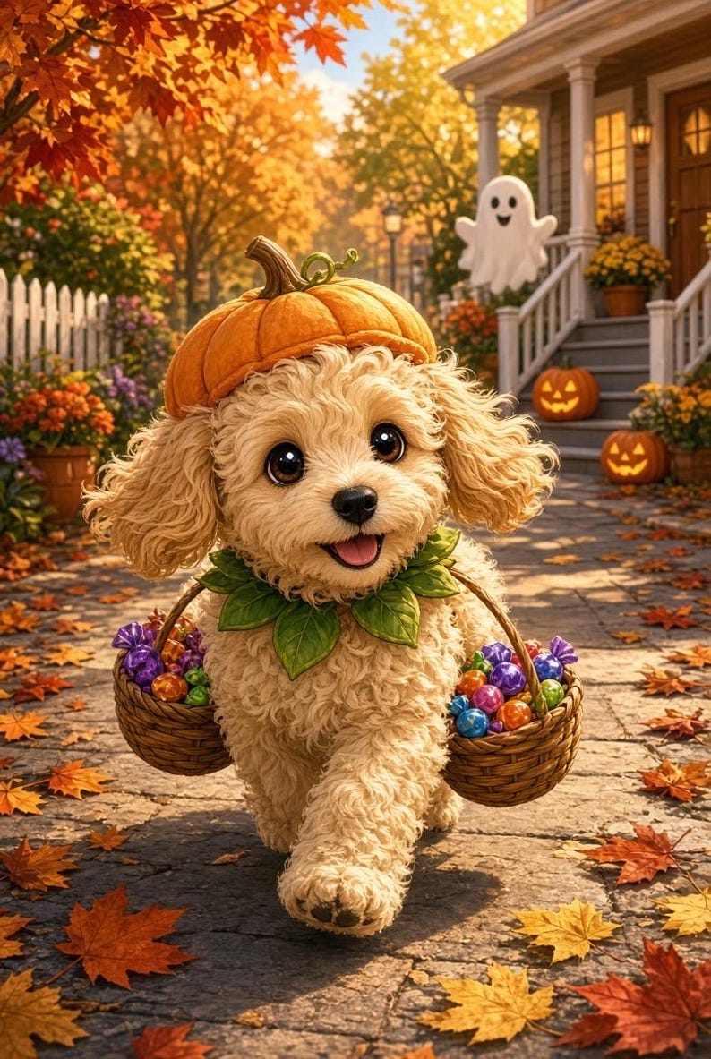 May include: A fluffy cream-coloured puppy wearing a pumpkin hat and a green leaf collar, carrying two small woven baskets filled with colourful wrapped sweets while walking on a stone path covered in fallen autumn leaves.