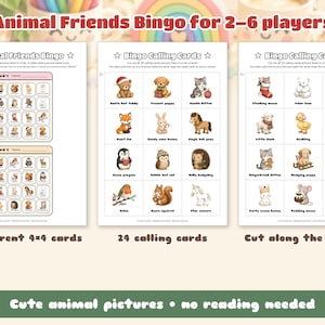 Może przedstawiać: Zestaw do gry Animal Friends Bingo dla 2-6 graczy zawierający 6 r&oacute;żnych kart bingo 4x4 i 24 karty do losowania. Każda karta przedstawia ilustracje zwierząt, takich jak niedźwiedzie, kotki, szczenięta i pingwiny z etykietami. Zawiera instrukcje wycinania wzdłuż linii.