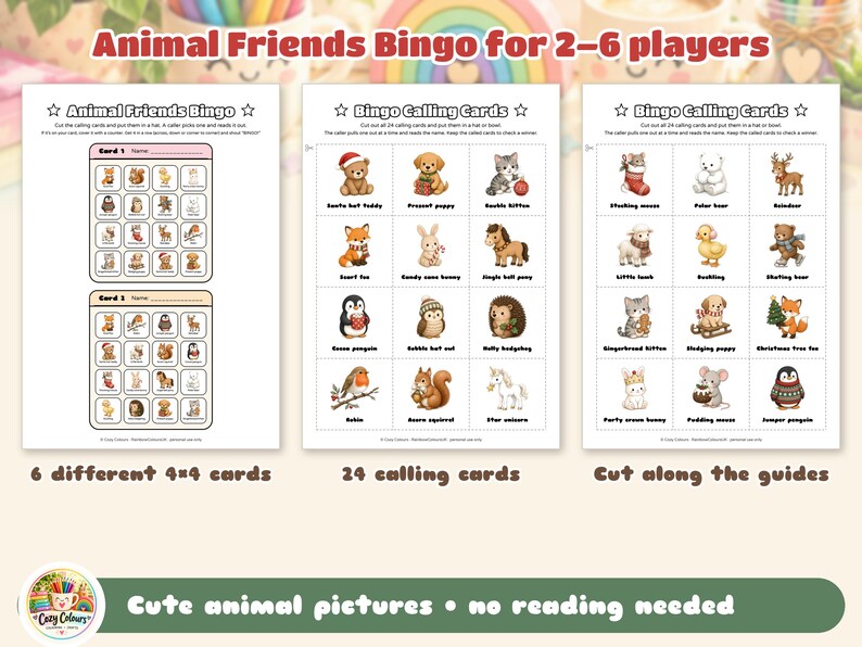 Może przedstawiać: Zestaw do gry Animal Friends Bingo dla 2-6 graczy zawierający 6 r&oacute;żnych kart bingo 4x4 i 24 karty do losowania. Każda karta przedstawia ilustracje zwierząt, takich jak niedźwiedzie, kotki, szczenięta i pingwiny z etykietami. Zawiera instrukcje wycinania wzdłuż linii.