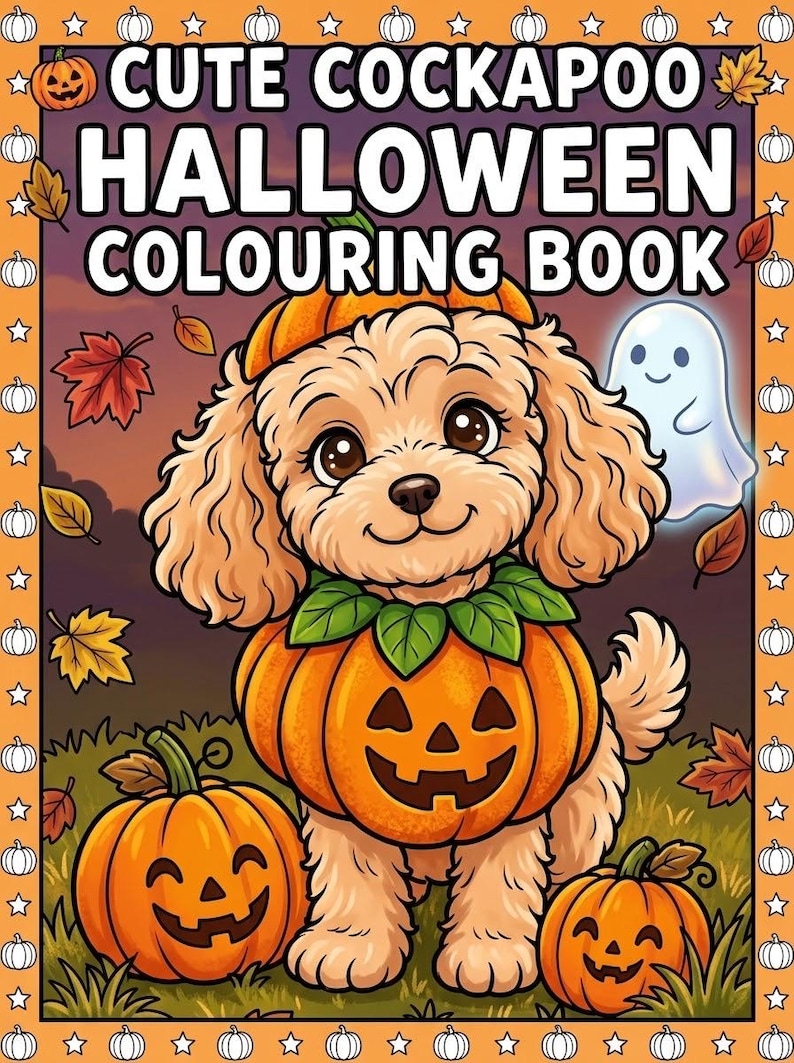 May include: A colouring book cover featuring a light brown Cockapoo puppy wearing a pumpkin costume, surrounded by two jack-o'-lanterns, falling autumn leaves, and a small ghost. The text reads CUTE COCKAPOO HALLOWEEN COLOURING BOOK.
