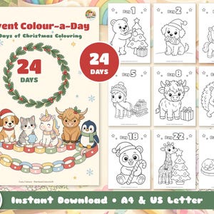 Może przedstawiać: Okładka kolorowanki Advent Colour-a-Day 24 Days of Christmas Colouring z świątecznym wieńcem, czerwonym kołem 24 Days i sześcioma ilustrowanymi zwierzętami. Zawiera dziewięć czarno-białych stron do kolorowania z ponumerowanymi dniami.