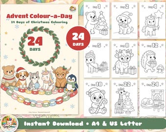 24 Day Advent Colouring Calendar for Kids, Christmas Countdown Colour a Day Pages, Cute Animals, Printable A4 & US Letter PDF, Coloring