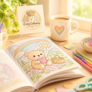 May include: An open colouring book featuring a bear and a unicorn, a white mug with a rainbow heart, a smiling mug filled with coloured pencils, a small bowl of paper hearts, a succulent, and scissors on a wooden surface with a Cozy Colours sign.