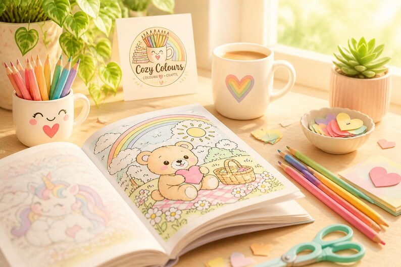 May include: An open colouring book featuring a bear and a unicorn, a white mug with a rainbow heart, a smiling mug filled with coloured pencils, a small bowl of paper hearts, a succulent, and scissors on a wooden surface with a Cozy Colours sign.