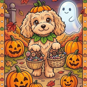 May include: A cartoon illustration of a curly-haired puppy wearing a pumpkin hat, holding two woven baskets filled with assorted sweets. The scene includes several jack-o'-lanterns, falling autumn leaves, and a small white ghost.