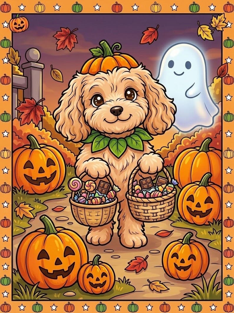 May include: A cartoon illustration of a curly-haired puppy wearing a pumpkin hat, holding two woven baskets filled with assorted sweets. The scene includes several jack-o'-lanterns, falling autumn leaves, and a small white ghost.