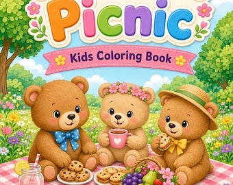 Op de afbeelding: Een kleurboek voor kinderen getiteld Teddy Bears Picnic met drie bruine teddyberen op een roze en wit geblokt kleed. De beren eten koekjes en fruit in een bloemenveld met een zon en bomen op de achtergrond.