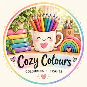 May include: A circular logo featuring a white mug with a smiling face and heart, filled with coloured pencils. Beside it are stacked books, a potted plant, a wooden brush holder, and a rainbow. The text reads Cozy Colours COLOURING &bull; CRAFTS.