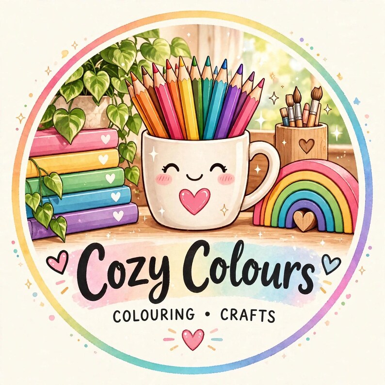 May include: A circular logo featuring a white mug with a smiling face and heart, filled with coloured pencils. Beside it are stacked books, a potted plant, a wooden brush holder, and a rainbow. The text reads Cozy Colours COLOURING &bull; CRAFTS.