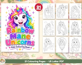 21 Rainbow Unicorn Colouring Pages for Kids, Cute Unicorn Colouring Book, Printable US Letter PDF, Girls & Boys Activity, Instant Download