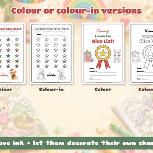 May include: Four printable sheets featuring My December Star Chart and I made the Nice List designs. Two sheets are in full color with illustrations of a bear and puppy, and two are black and white outlines for coloring in.