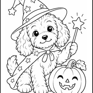 May include: A black and white line art colouring page featuring a curly-haired puppy wearing a wizard hat and a star-patterned cape. The puppy holds a star-tipped magic wand and sits next to a smiling jack-o'-lantern pumpkin with a leaf.