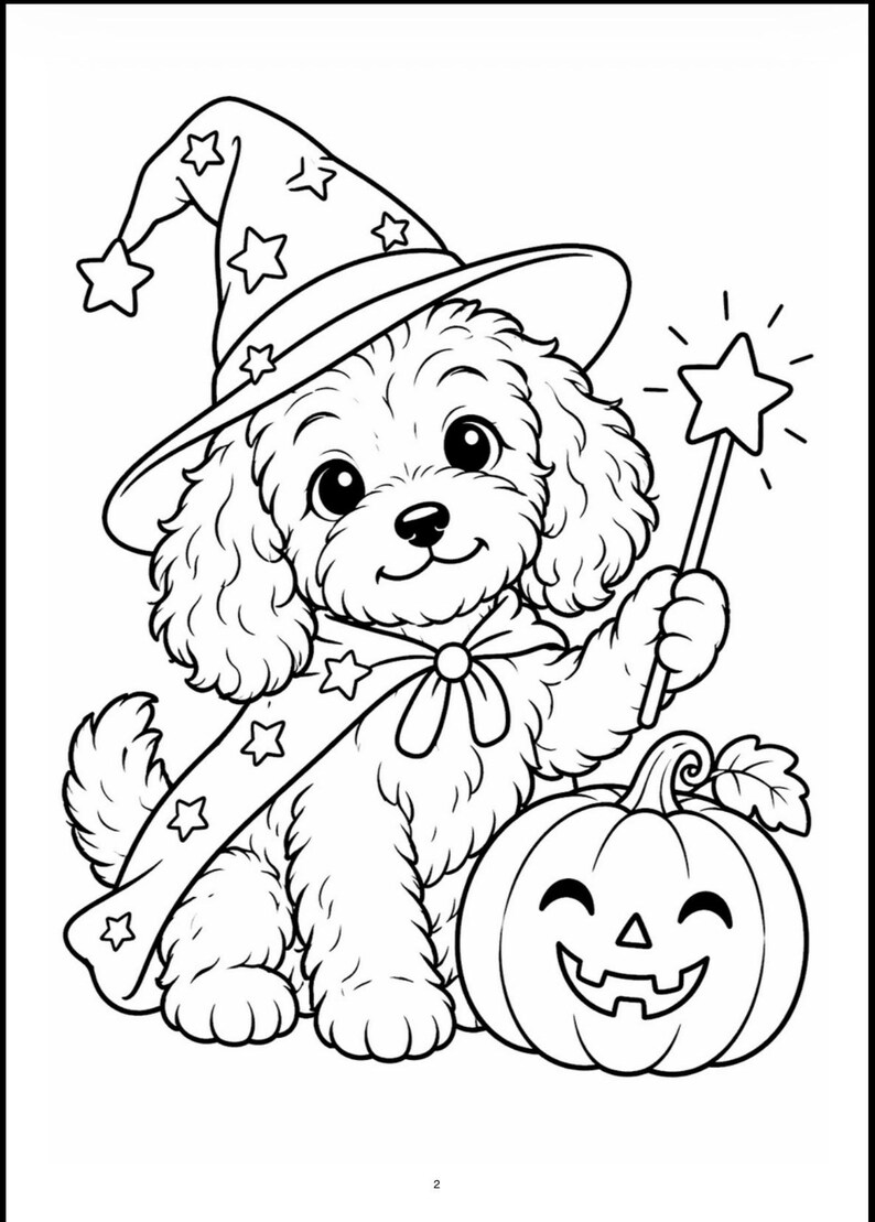 May include: A black and white line art colouring page featuring a curly-haired puppy wearing a wizard hat and a star-patterned cape. The puppy holds a star-tipped magic wand and sits next to a smiling jack-o'-lantern pumpkin with a leaf.