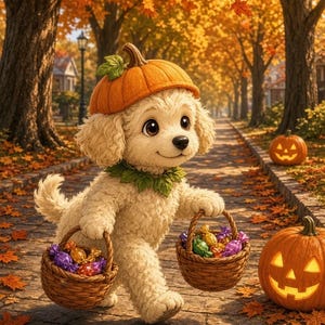 May include: A cream-coloured puppy with large brown eyes wears a pumpkin hat and a green leaf collar. The puppy carries two woven wicker baskets filled with colourful wrapped sweets while walking along a path lined with autumn leaves.