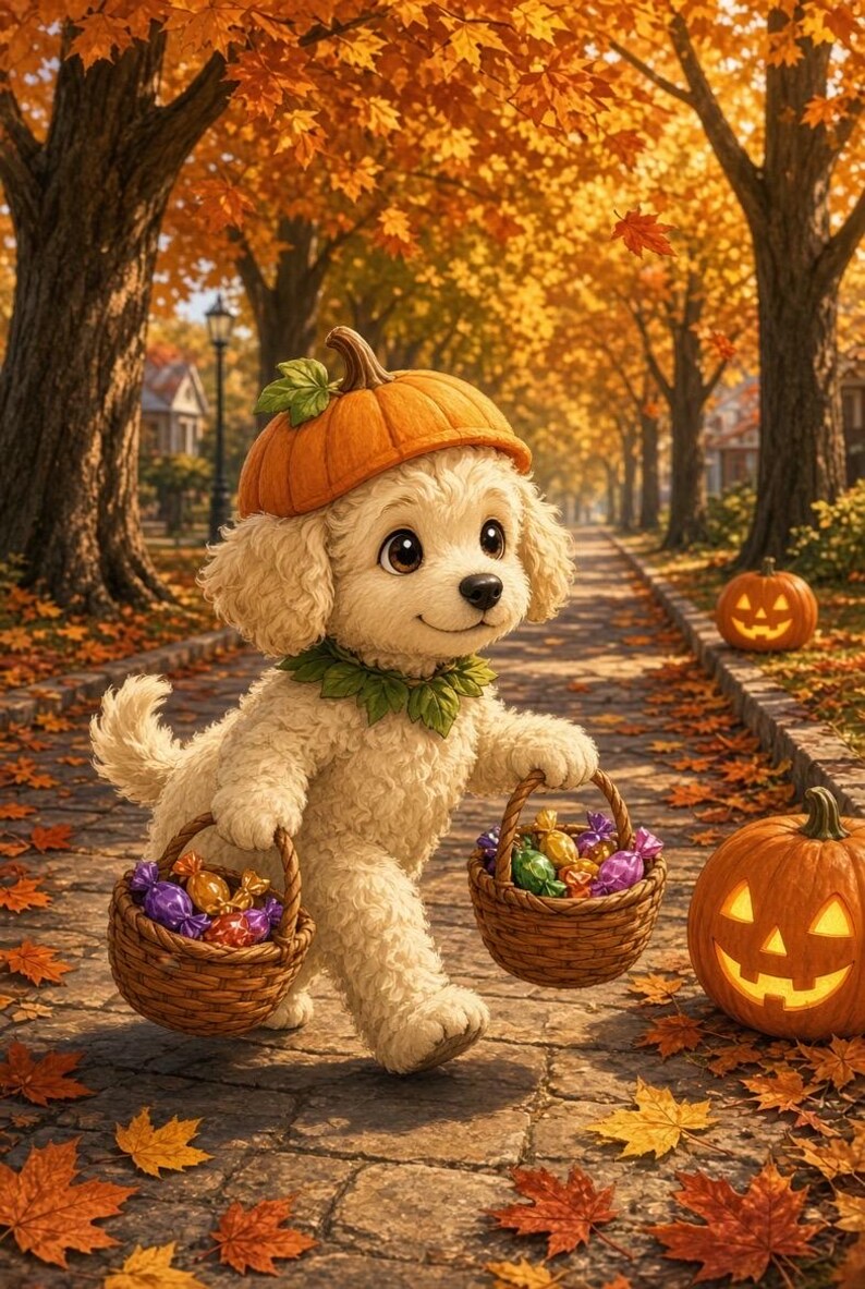 May include: A cream-coloured puppy with large brown eyes wears a pumpkin hat and a green leaf collar. The puppy carries two woven wicker baskets filled with colourful wrapped sweets while walking along a path lined with autumn leaves.