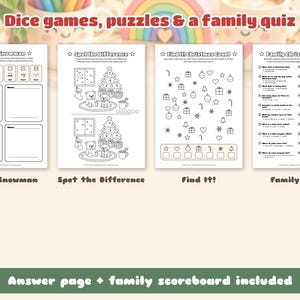 Może przedstawiać: Cztery arkusze aktywności do druku zatytułowane Dice games, puzzles & a family quiz. Strony zawierają Roll a Snowman, Spot the Difference, Find It! Christmas Count oraz Family Christmas Quiz z czarno-białymi ilustracjami liniowymi.