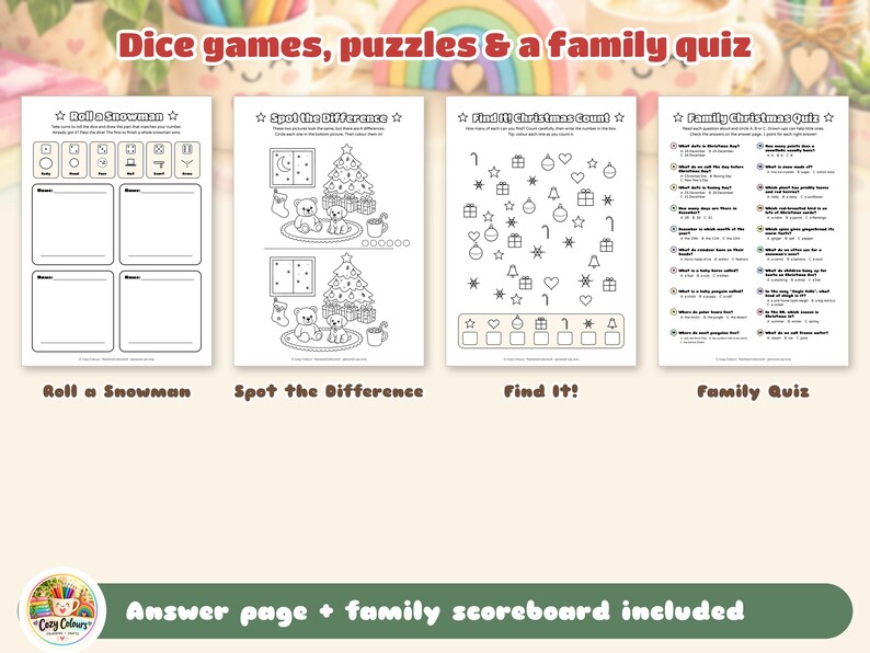 Może przedstawiać: Cztery arkusze aktywności do druku zatytułowane Dice games, puzzles & a family quiz. Strony zawierają Roll a Snowman, Spot the Difference, Find It! Christmas Count oraz Family Christmas Quiz z czarno-białymi ilustracjami liniowymi.