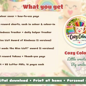 May include: A digital download set titled Cozy Colours featuring a list of printable pages including reward charts, trackers, and awards. The circular logo displays a mug with colored pencils and a rainbow. Text includes What you get.