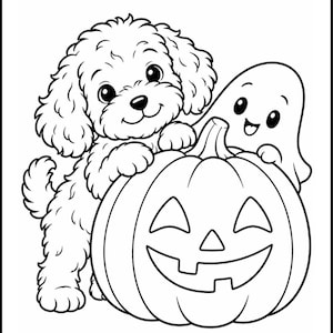 May include: A black and white colouring page illustration featuring a curly-haired puppy and a small ghost leaning over a carved jack-o'-lantern pumpkin. The puppy has large eyes and a smiling expression, while the ghost has a happy face.