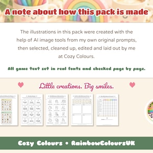 Może przedstawiać: Cyfrowa karta informacyjna z tekstem A note about how this pack is made, wyjaśniająca użycie narzędzi AI i ręczną edycję przez Cozy Colours, wraz z pięcioma arkuszami aktywności do druku oraz okrągłym logo marki Cozy Colours.