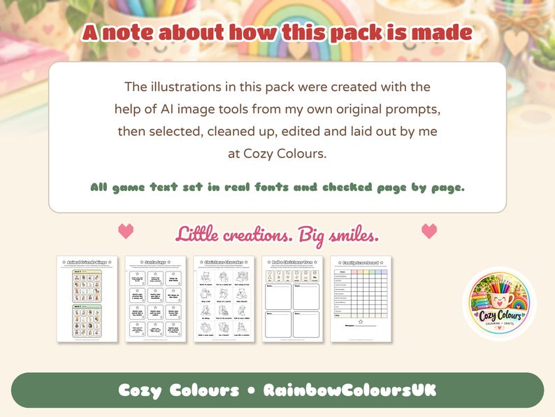 Może przedstawiać: Cyfrowa karta informacyjna z tekstem A note about how this pack is made, wyjaśniająca użycie narzędzi AI i ręczną edycję przez Cozy Colours, wraz z pięcioma arkuszami aktywności do druku oraz okrągłym logo marki Cozy Colours.