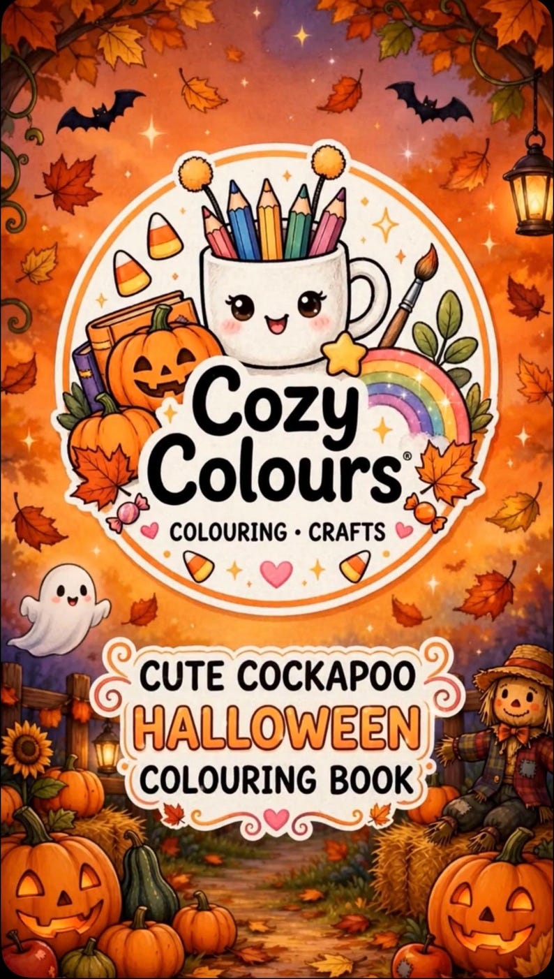 May include: A Halloween colouring book cover titled Cozy Colours featuring a smiling mug with coloured pencils, pumpkins, candy corn, a ghost, and a scarecrow. The text reads Cozy Colours, Colouring, Crafts, Cute Cockapoo Halloween Colouring Book.