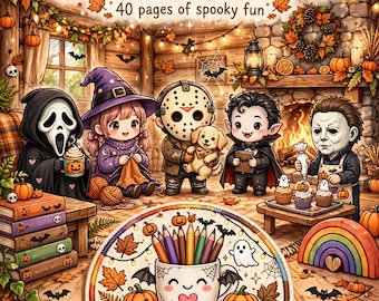 Libro para colorear de Halloween de Cozy Killers / 40 adorables páginas espeluznantes / PDF imprimible de terror adorable / Libro para colorear