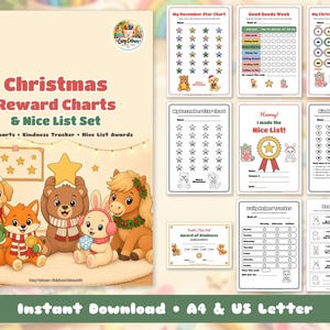 May include: A 16-page Christmas Reward Charts and Nice List set featuring illustrations of cartoon animals including a cat, dog, fox, bear, rabbit, and pony. The set includes various trackers, star charts, and award certificates for children.