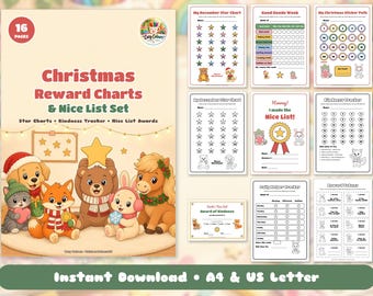 16 Page Christmas Reward Chart & Nice List Set for Kids, Kindness Chart, Behaviour Sticker Chart, Nice List Certificate, A4 US Letter PDF