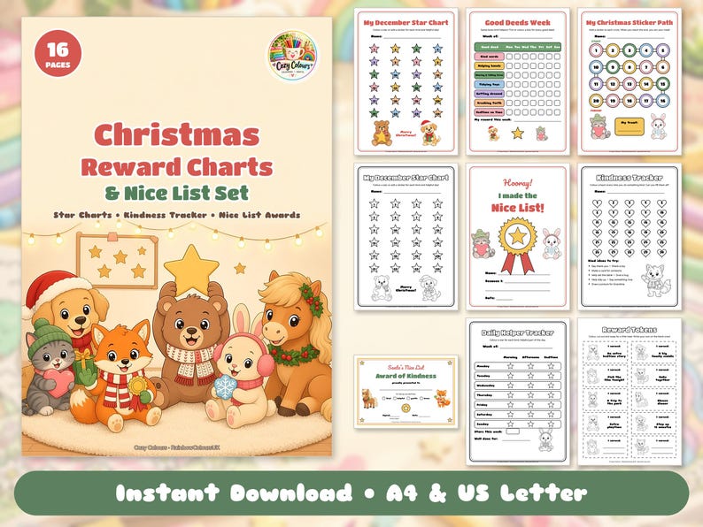 May include: A 16-page Christmas Reward Charts and Nice List set featuring illustrations of cartoon animals including a cat, dog, fox, bear, rabbit, and pony. The set includes various trackers, star charts, and award certificates for children.