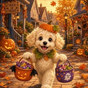 May include: A fluffy cream-coloured puppy wearing a pumpkin hat and a leaf collar, walking on a cobblestone street. The puppy carries two baskets filled with colourful sweets, one orange with bat wings and one purple with a white ghost design.