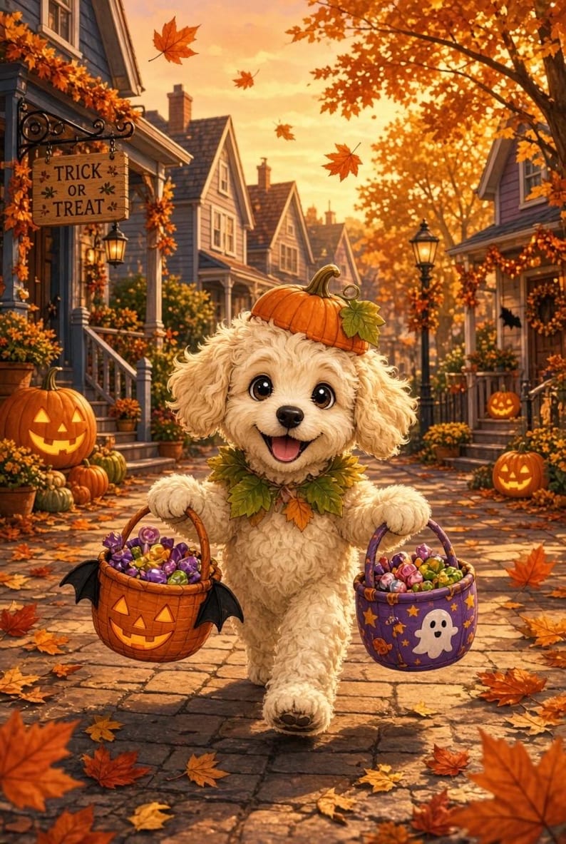 May include: A fluffy cream-coloured puppy wearing a pumpkin hat and a leaf collar, walking on a cobblestone street. The puppy carries two baskets filled with colourful sweets, one orange with bat wings and one purple with a white ghost design.