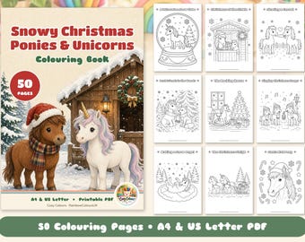 50 Snowy Christmas Ponies and Unicorns Colouring Pages for Kids, Christmas Horse Coloring Book, Winter Pony Printable, A4 & US Letter PDF