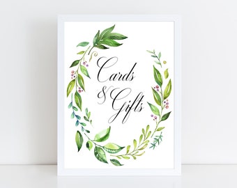 Printable Wedding Sign - Watercolor Leafy Wreath Cards and Gifts Sign, Instant Download