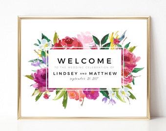 Rosey Watercolor Wedding Welcome Sign, Printable Wedding Sign, Watercolor Wreath, 8x10, 16x20, Digital File