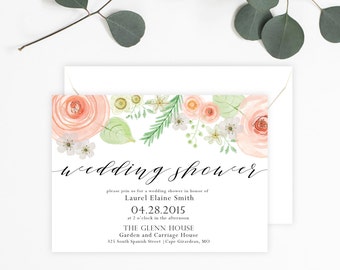 INSTANT DOWNLOAD Vintage Floral Blush Wedding Shower Invitation, Watercolor, Calligraphy, Printable Invitation