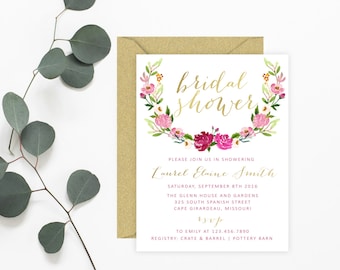 Watercolor Pink Floral Wreath Bridal Shower Invitation, Wedding Shower Invitation, Calligraphy