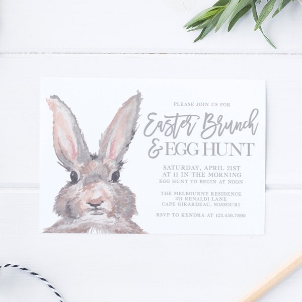 Easter Brunch and Egg Hunt Invitation, Easter Invitation, Watercolor Bunny, Rabbit, DIY, Template, Templett, Instant Download